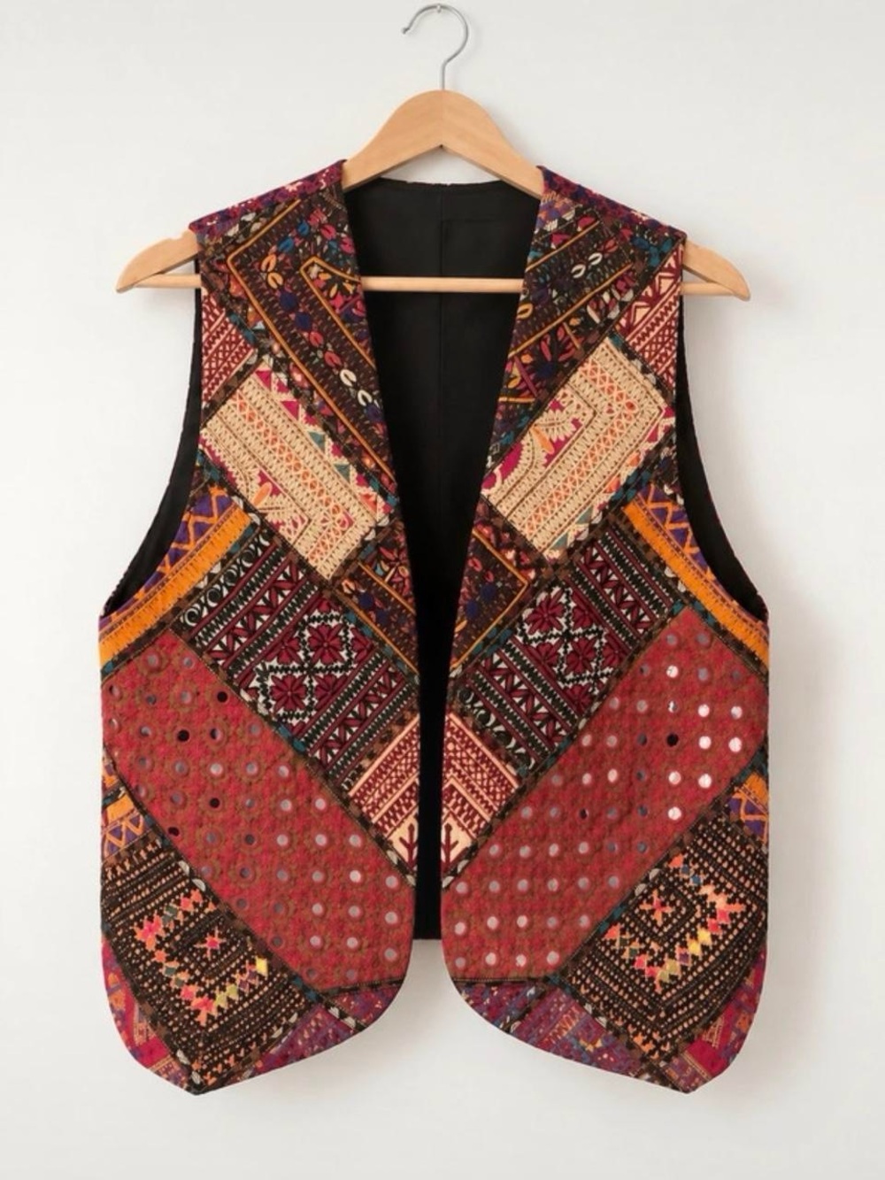 Embroidered Patchwork Vest - Red Multicolor